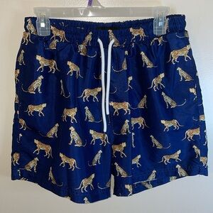 Men’s swim trunks size Medium, blue with cheetahs